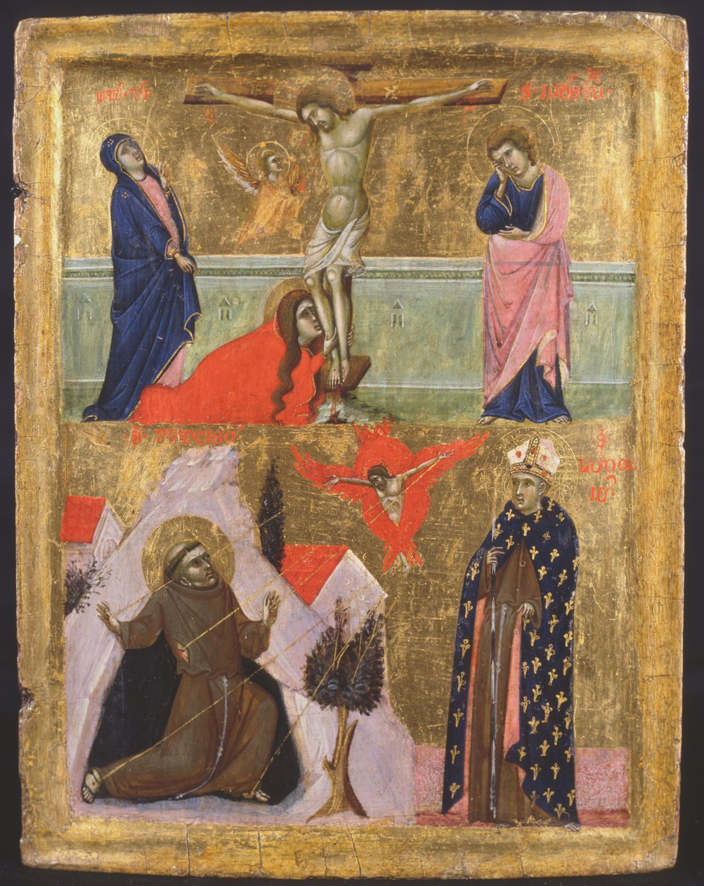 Korsfæstelse og stigmata af den hellige Frans af Assisi og den hellige Lodovico af Toulouse (tempera på panelet) af Master of the Sterbini Diptych