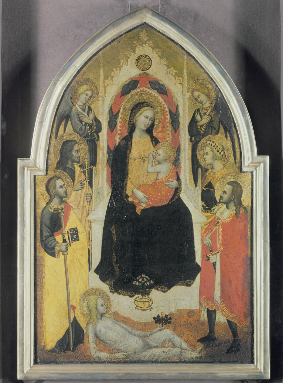 Jomfru og barn med engle og helgener, ca. 1390-95 (tempera på panel) af Master of the Straus Madonna