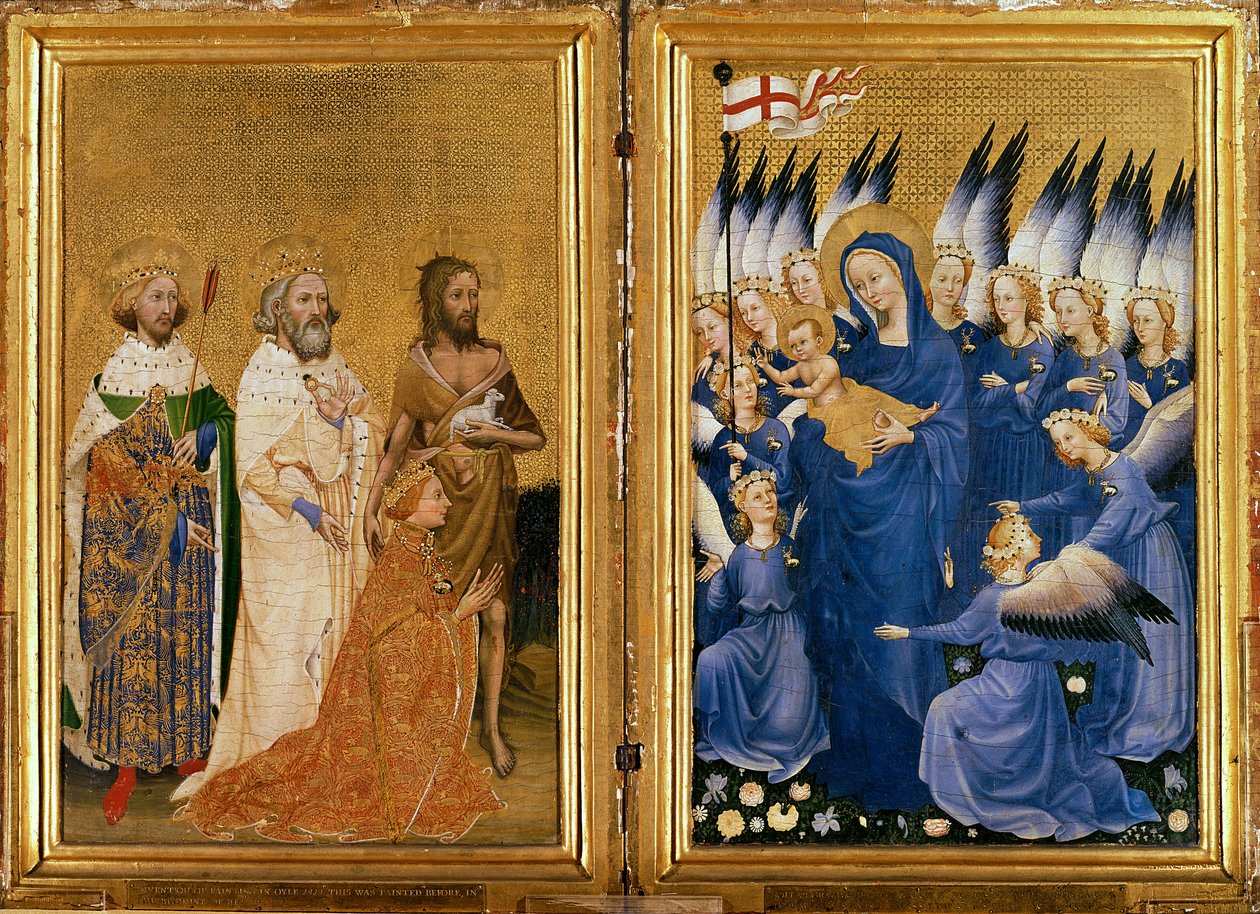 Richard II præsenteret for jomfruen og barnet af hans skytshelgen Johannes Døberen og de hellige Edward og Edmund, ca. 1395-99 (ægtempera på eg) af Master of the Wilton Diptych