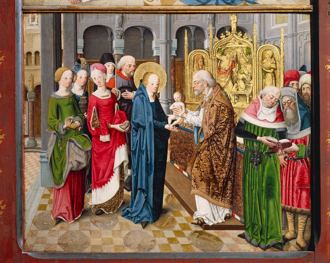 Præsentation i templet, fra Historierne fra Marias liv (olie på panel) af Master Aachen