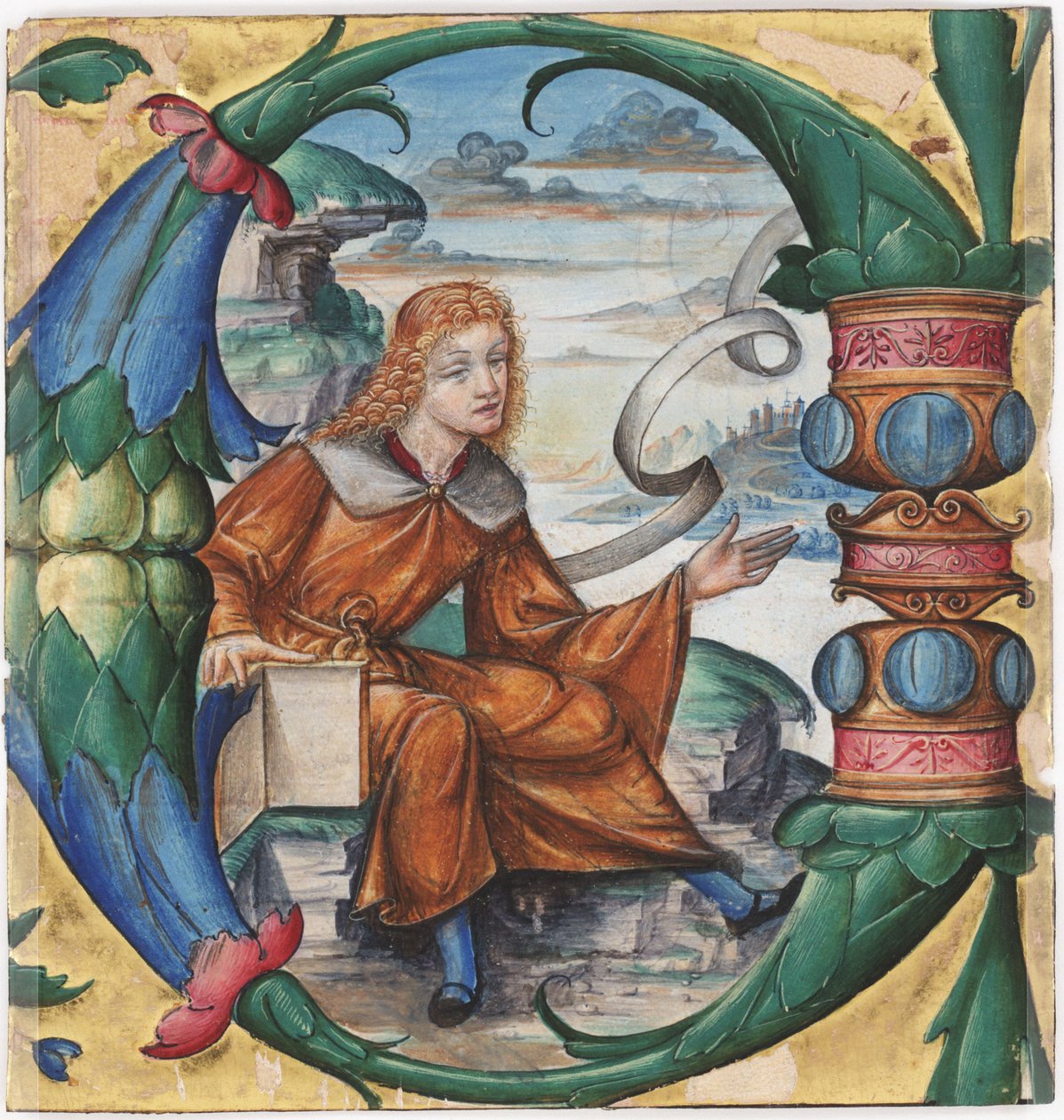 Gradvis, udskæring med et historisk initial C af St. Johannes Døberen, fra et antifonarium, Milano, 1515 (tempera og blæk på pergament) (recto af 3587462) af Master B. F. 16th century Master B. F. 16th century