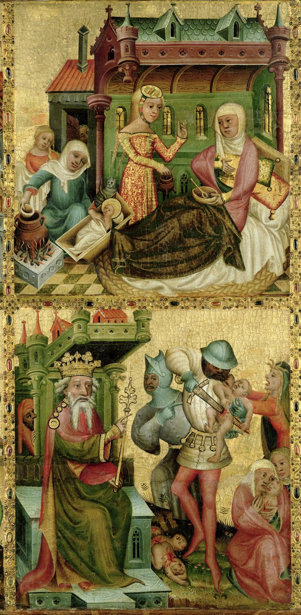 Jomfruens fødsel og massakren på de uskyldige, fra Buxtehude-alteret, 1400-10 (tempera på panel) af Master Bertram of Minden