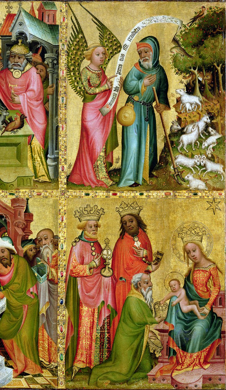 Bebudelsen til St. Joachim og tilbedelsen af Magi, fra venstre fløj af Buxtehude-alteret, 1400-10 (tempera på panel) (detaljer fra 159469) af Master Bertram of Minden