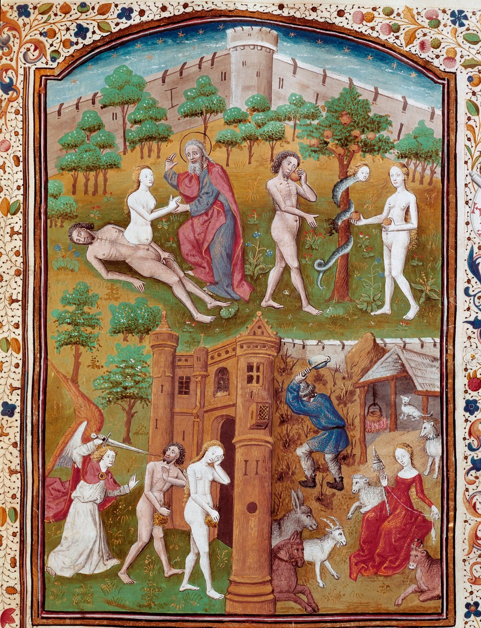 Evas fødsel fra Adams kyst, Adam og Eva plukker den forsvarede frugt og jager derefter fra Paradise Miniature taget fra "" Cases of noble men and women unfortunes"" (De casibus) af Giovanni Boccaccio dit Jean Boccace (1313-1375) , italiensk forfatter, tra af Master Dunois