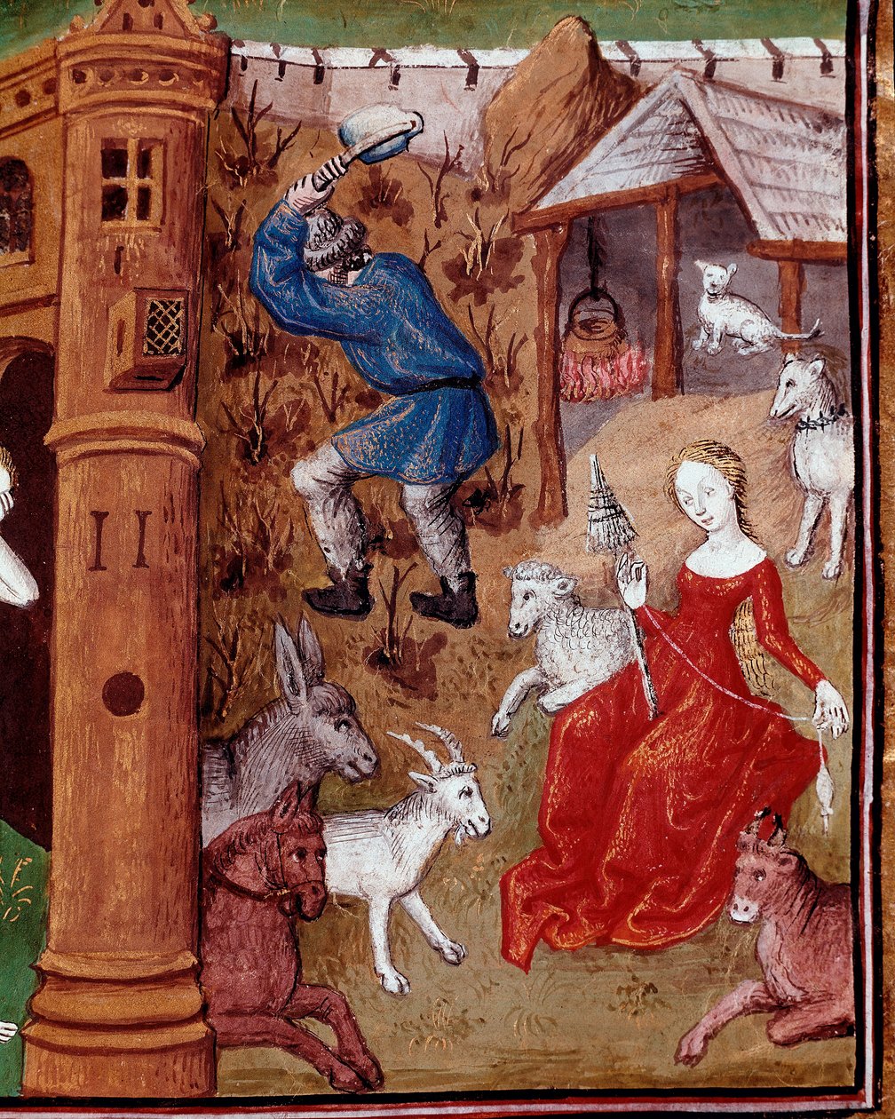 Repræsentation af Adam, der plukker jorden, og Eva spinder ulden efter at være blevet jaget fra det jordiske paradis. Miniature taget fra "" Des cas des nobles hommes et femmes infortunes"" (De casibus) af Giovanni Boccaccio dit Jean Boccace (1313-1375), I af Master Dunois