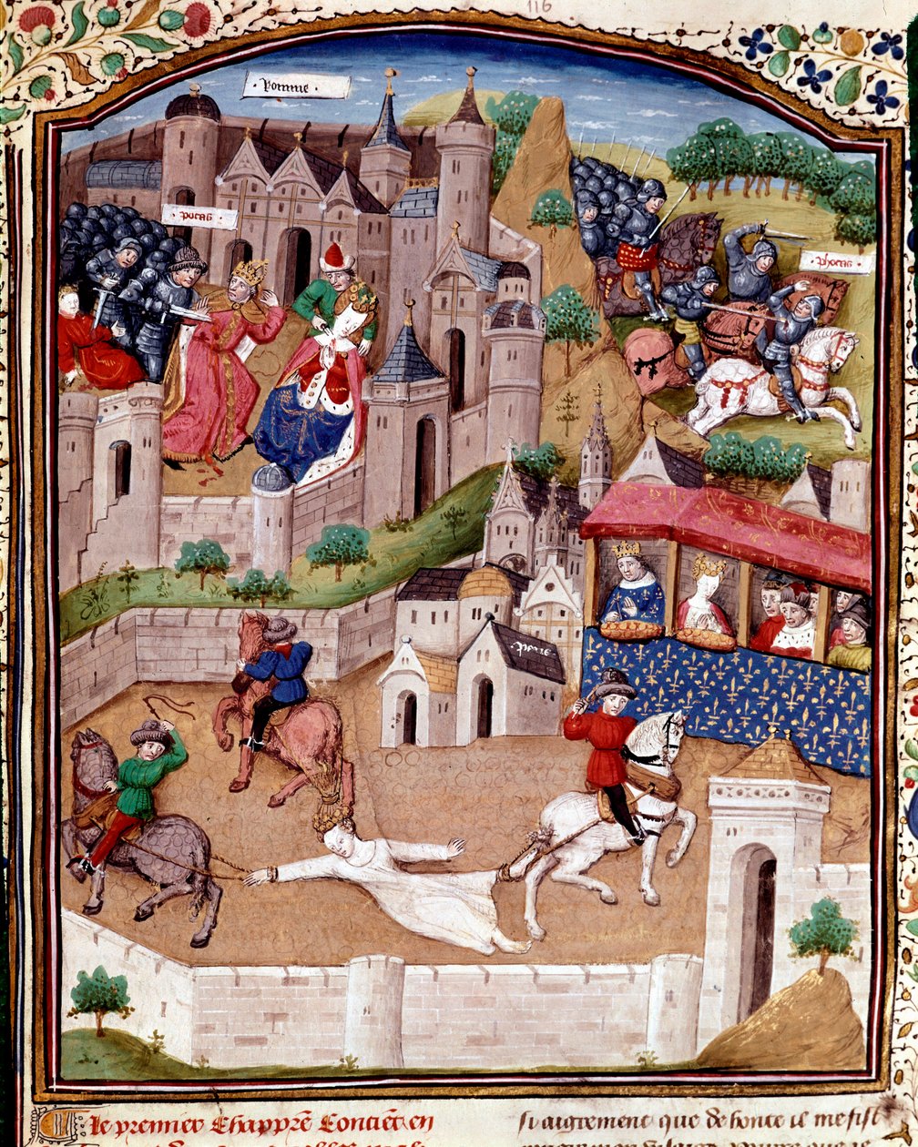 Brunehauts pine Merovingerdronningen Brunehilde (543-613) fjernes af tre heste efter ordre fra kong Clotaire (Clothaire) Boccaccio ( af Master Dunois