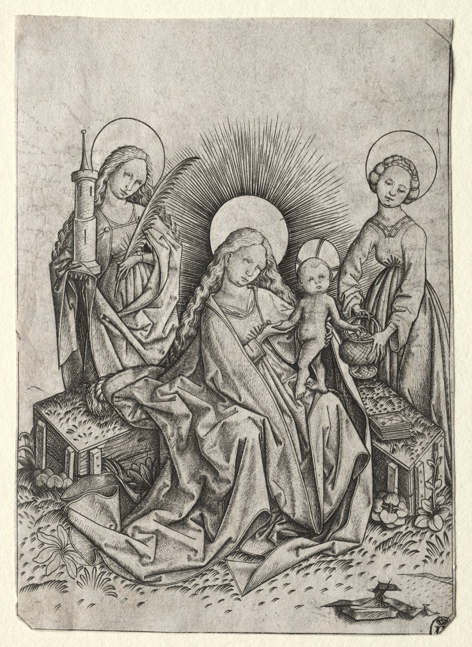 Madonna og barn i en have mellem St. Barbara og St. Dorothy af Master ES