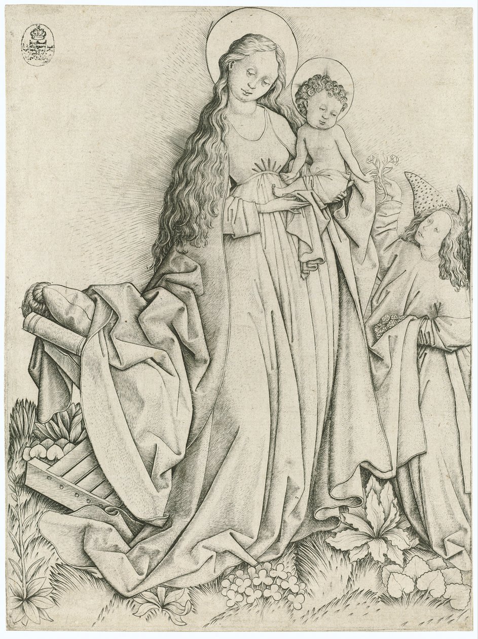 Madonna med engel, der giver roser af Master E. S.