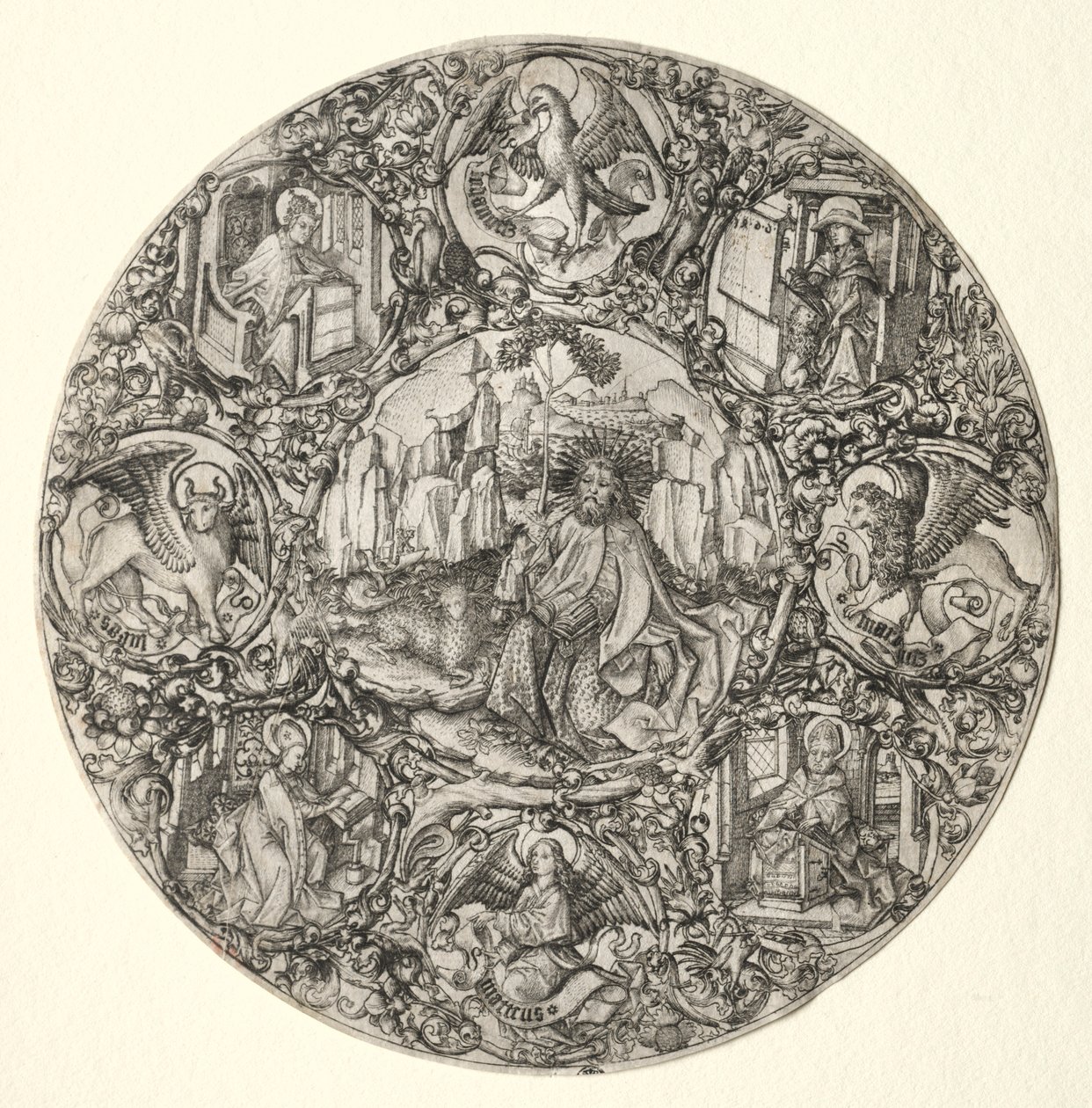 Johannes Døberen omgivet af den latinske kirkes evangelister og fire fædre, 1466. af Master E. S.