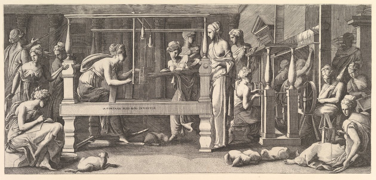 Kvinder spinder, væver og syr, 1540-50. af Master FG