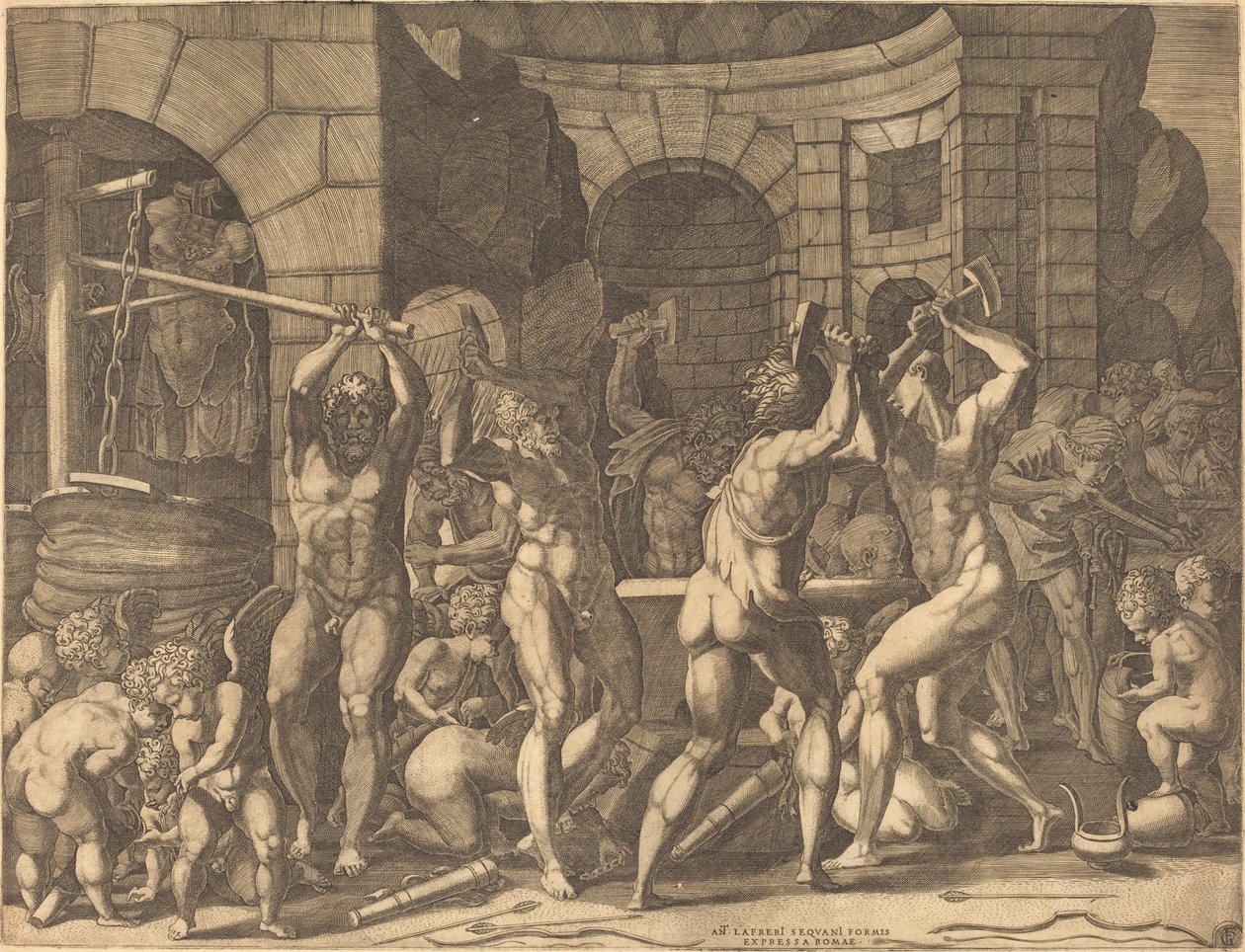 Vulcan og kykloperne smeder pile af Master FG, after Francesco Primaticcio