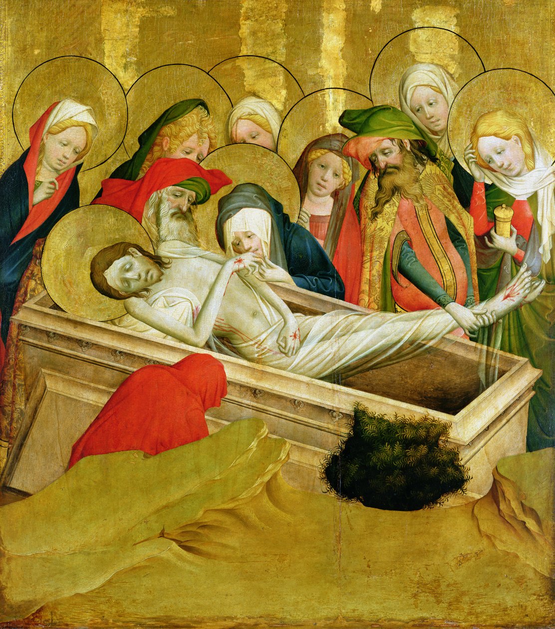 Gravmælet, panel fra St. Thomas-alteret fra Johanneskirken, Hamborg, påbegyndt i 1424 (tempera og olie på panel) (se 144553 for detaljer) af Master Francke