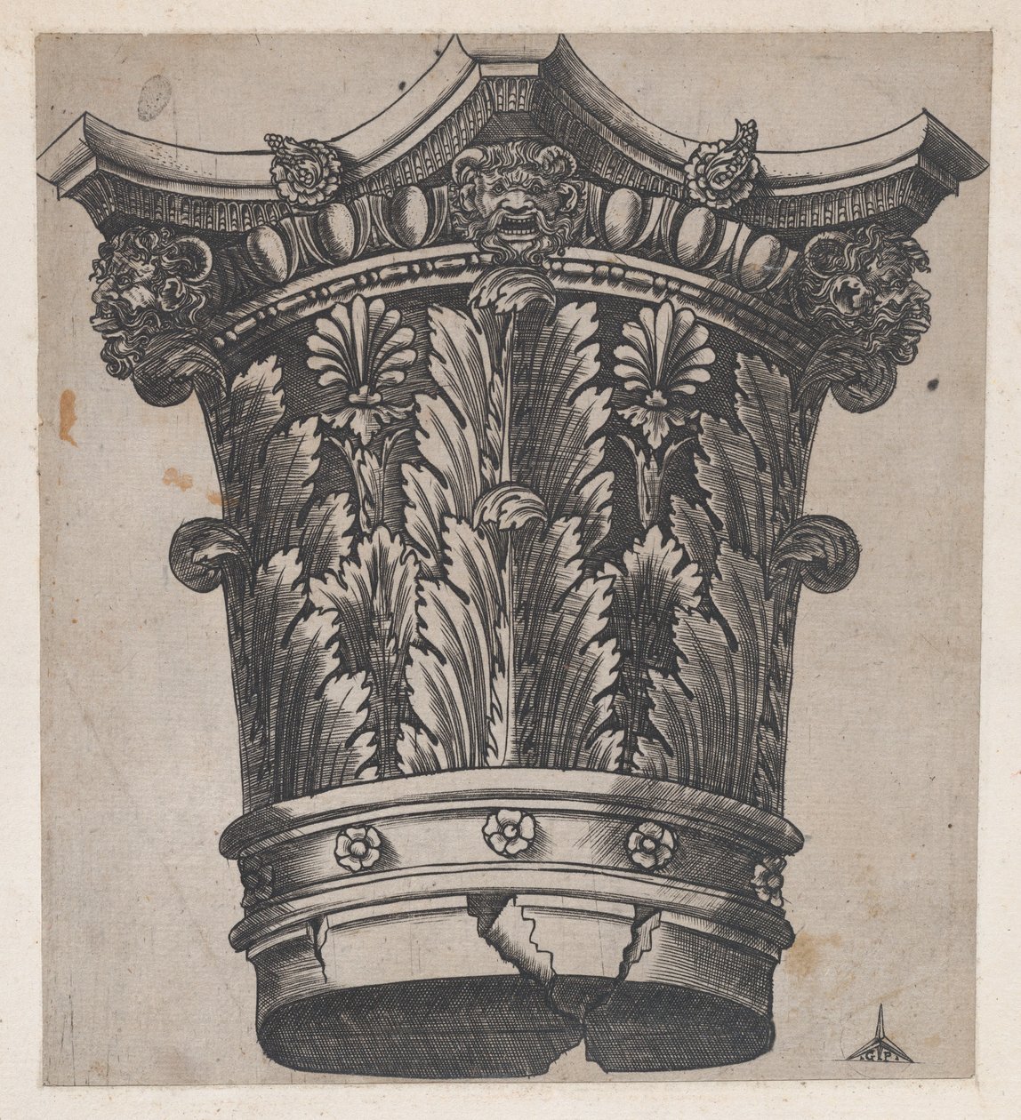 Mirror of Roman Magnificence: Kapital med hoveder og masker, ca. 1537, ca. 1537 af Master GA