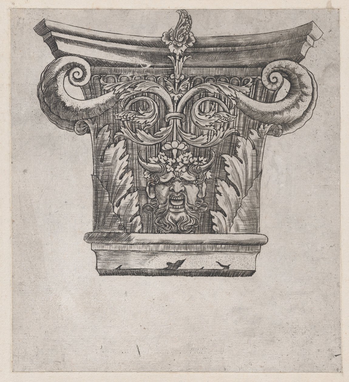 Mirror of Roman Magnificence: Kapital med peapod-ruller og satyrhoved, ca. 1537., ca. 1537 af Master GA