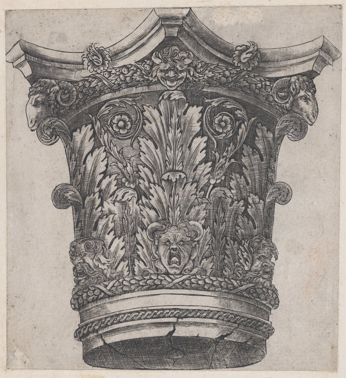 Mirror of Roman Magnificence: Kapital med vædderhoveder og masker, ca. 1537, ca. 1537 af Master GA