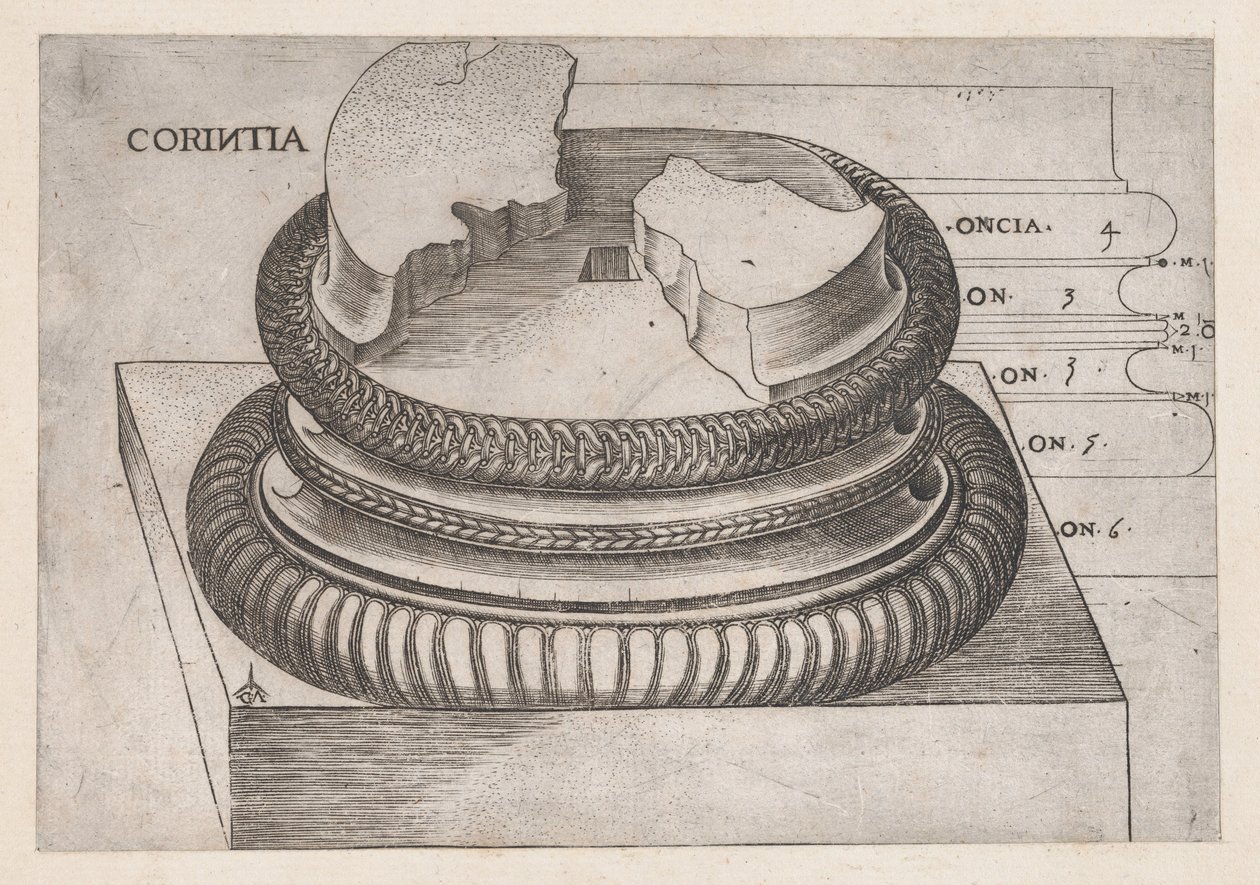 Mirror of Roman Magnificence: Corinthian base fra Temple of Mars the Avengers, Rom, ..., ca. 1537 af Master GA