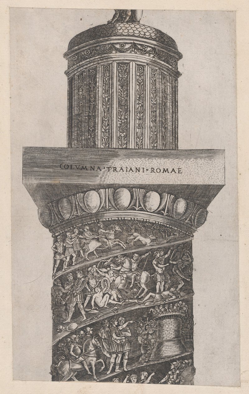 Mirror of Roman Magnificence: Den øverste del af Trajans søjle, der viser ara..., 1500-tallet. af Master GA