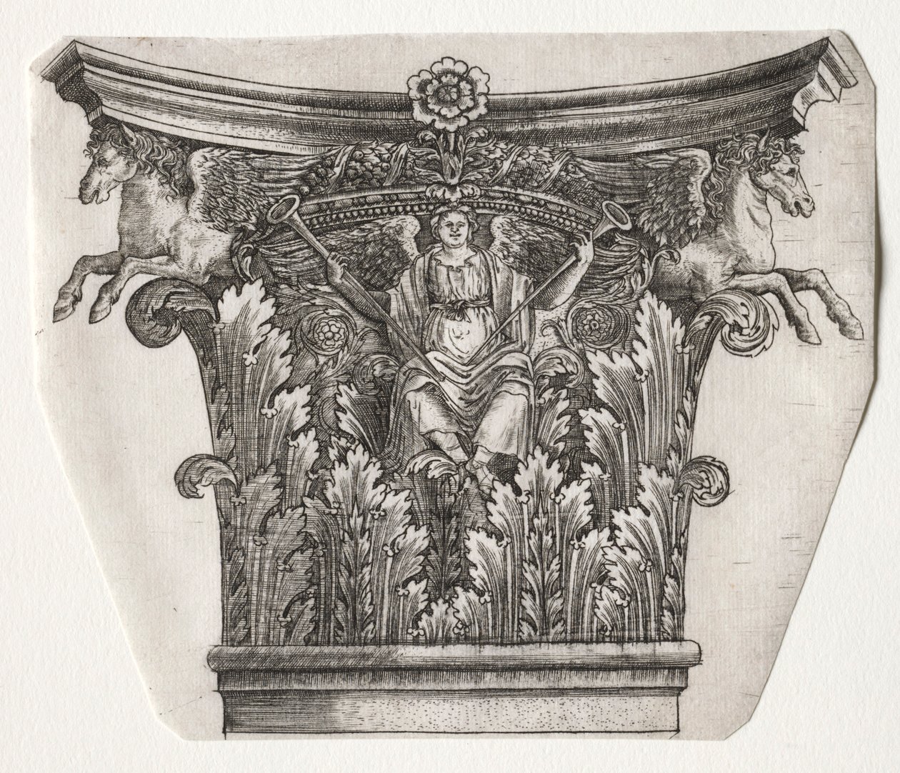Base og Capital med Figure of Fame og Winged Horses kapital, ca. 1525-1550. af Master G. A. with the man