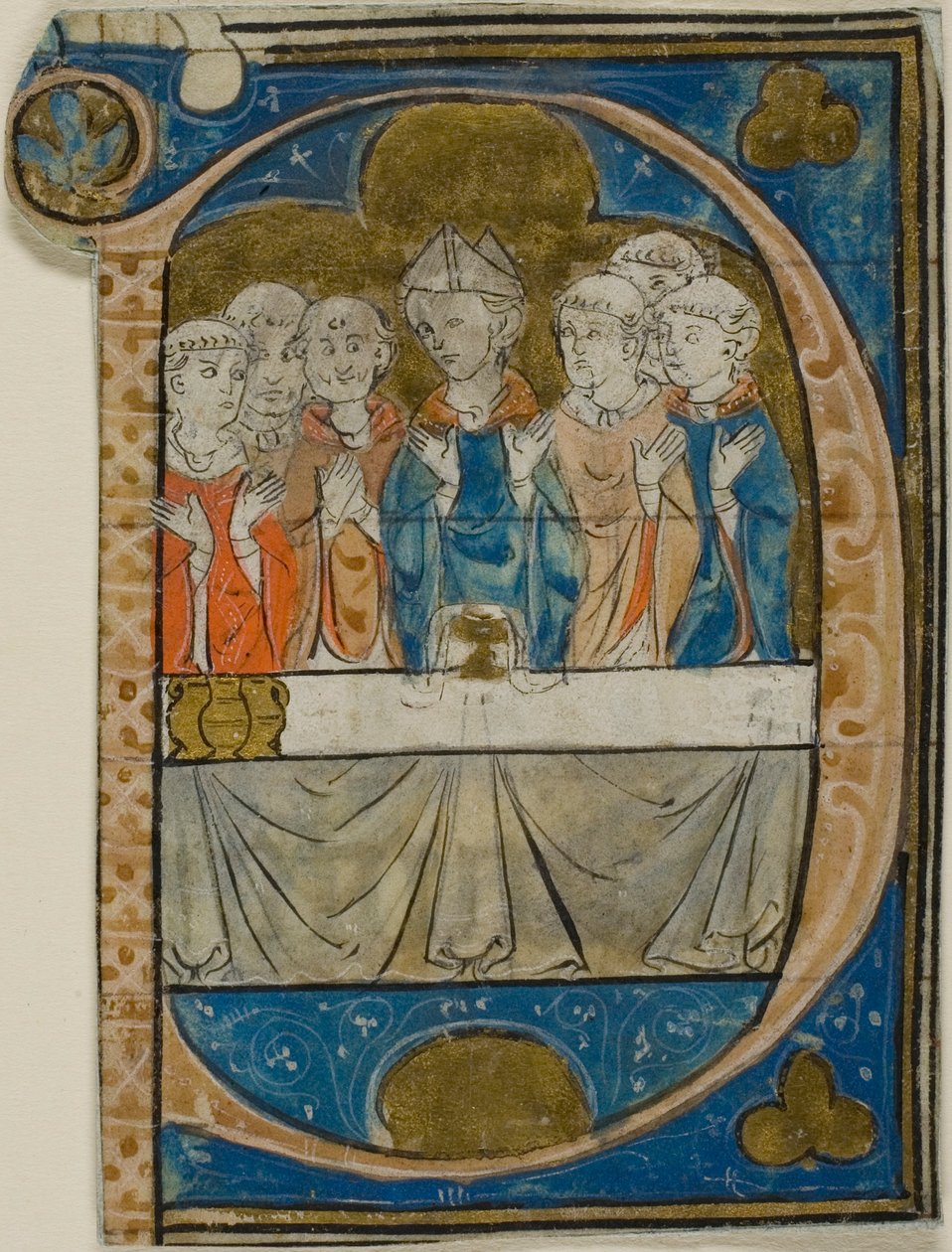Biskop ved messe i et historisk indledende "P" fra en korbog af Master Honoré