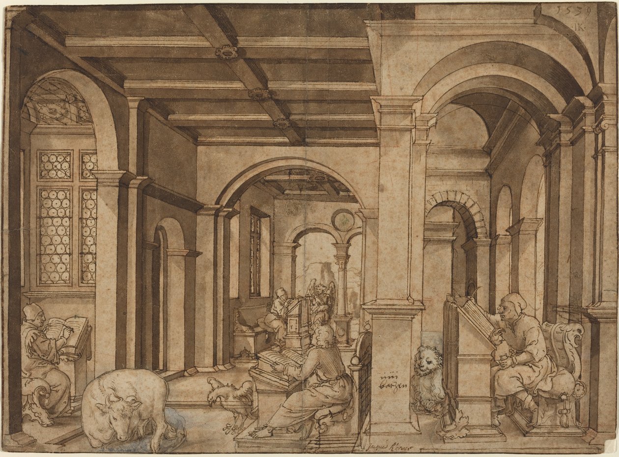 Fire evangelister i et scriptorium af Master I.K.