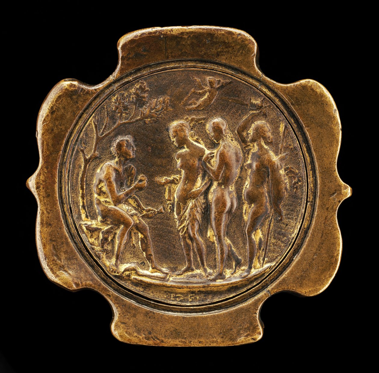 Sværdstang med indsat plakette af The Judgment of Paris... anden halvdel af 1400-tallet. af Master IO.FF.