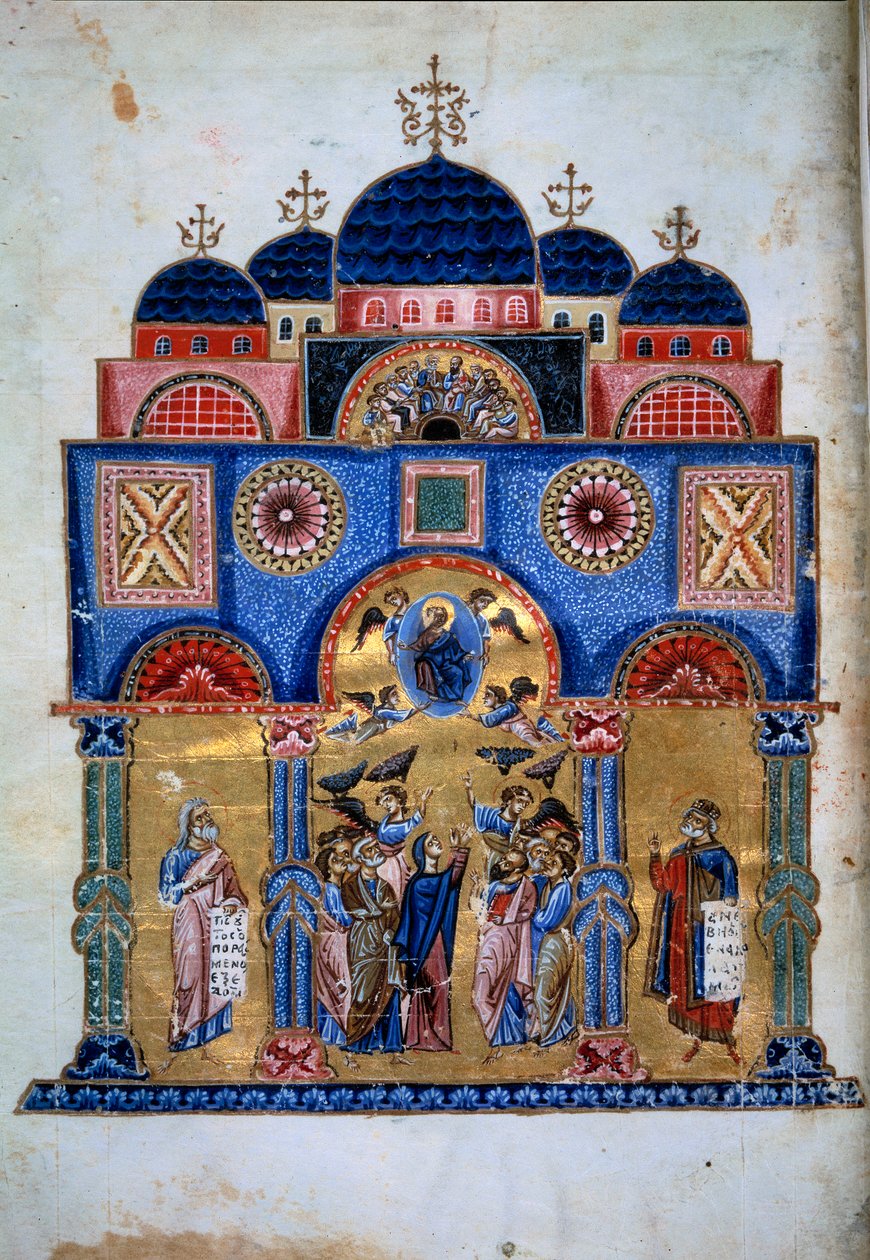Kristi himmelfart. Græsk manuskript "Homelies to the Virgin" (Folio 3v) af Jacques de Kokkinobaphos af Master Kokkinobaphos