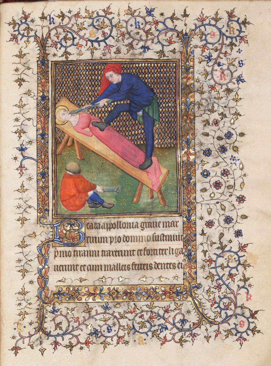 Timebog, brug af Rennes, Den hellige Apollonias tortur, ca. 1400-15 (tempera på pergament) af Master Lucon