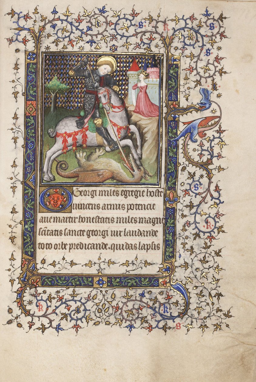 MS Widener 4 f.188r, St. George Fighting the Dragon, fra a Book of Hours, brug af Rennes, c.1405 (pen & blæk og tempera på vellum) af Master Lucon
