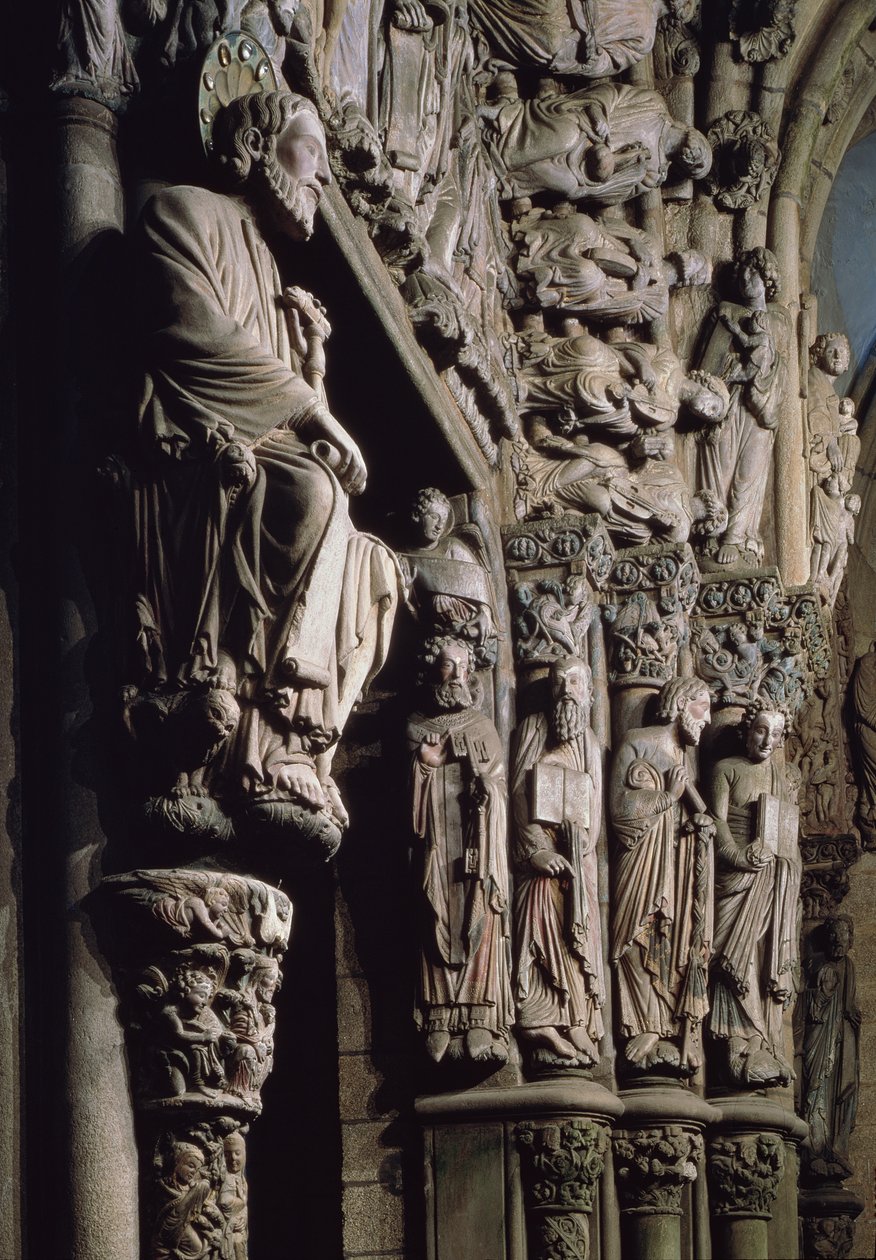 Detalje af Portico de la Gloria forestillende St James, sten fra det 12. århundrede af Master Mateo