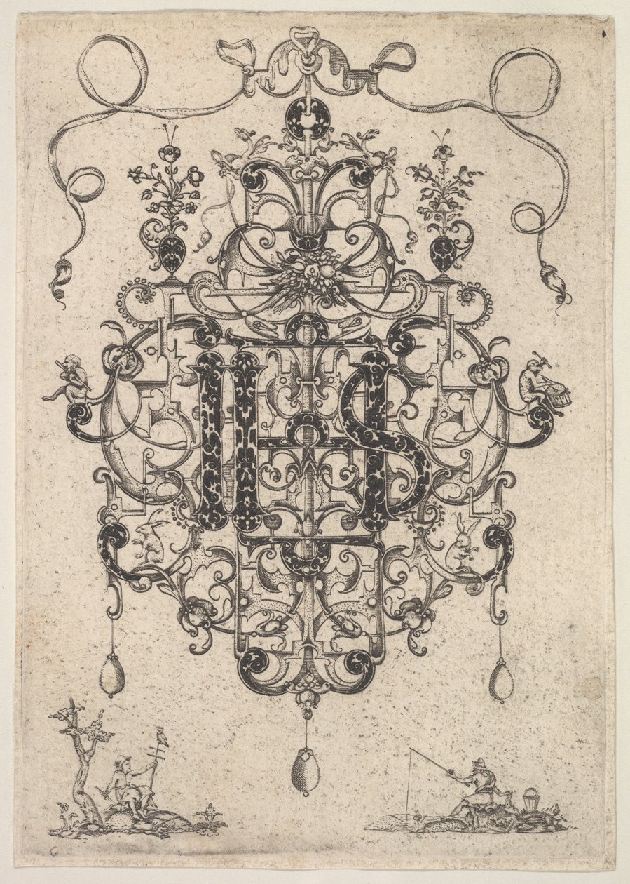 Design til et vedhæng med IHS-monogram, 1609. af Master PRK