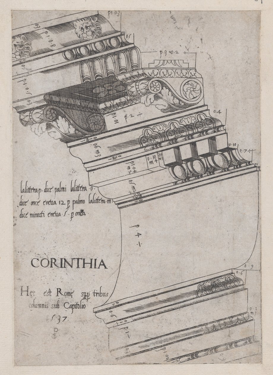 Mirror of Roman Magnificence: Entablatur fra Vespasians tempel, Rom, 1537., 1537. af Master PS