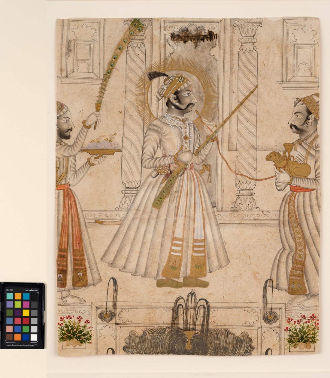 Maharana Amar Singh II ryger en fåreformet vandpibe, ca. 1705 (ugennemsigtig akvarel og guld på papir) af Master Stipple
