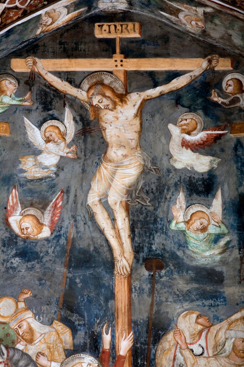 Korsfæstelsesdetaljen, der repræsenterer Kristus med inskriptionen INRI af Master Trecentesco of Sacro Speco School