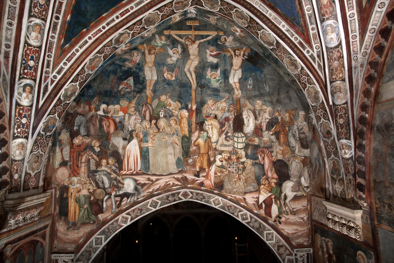 Korsfæstelsesfresken af Mesteren af Sacro Speco. 14. århundrede. Superior Kirke. Klosteret Saint Benedetto (Sacro Speco), Subiaco (Rom), Italien af Master Trecentesco of Sacro Speco School