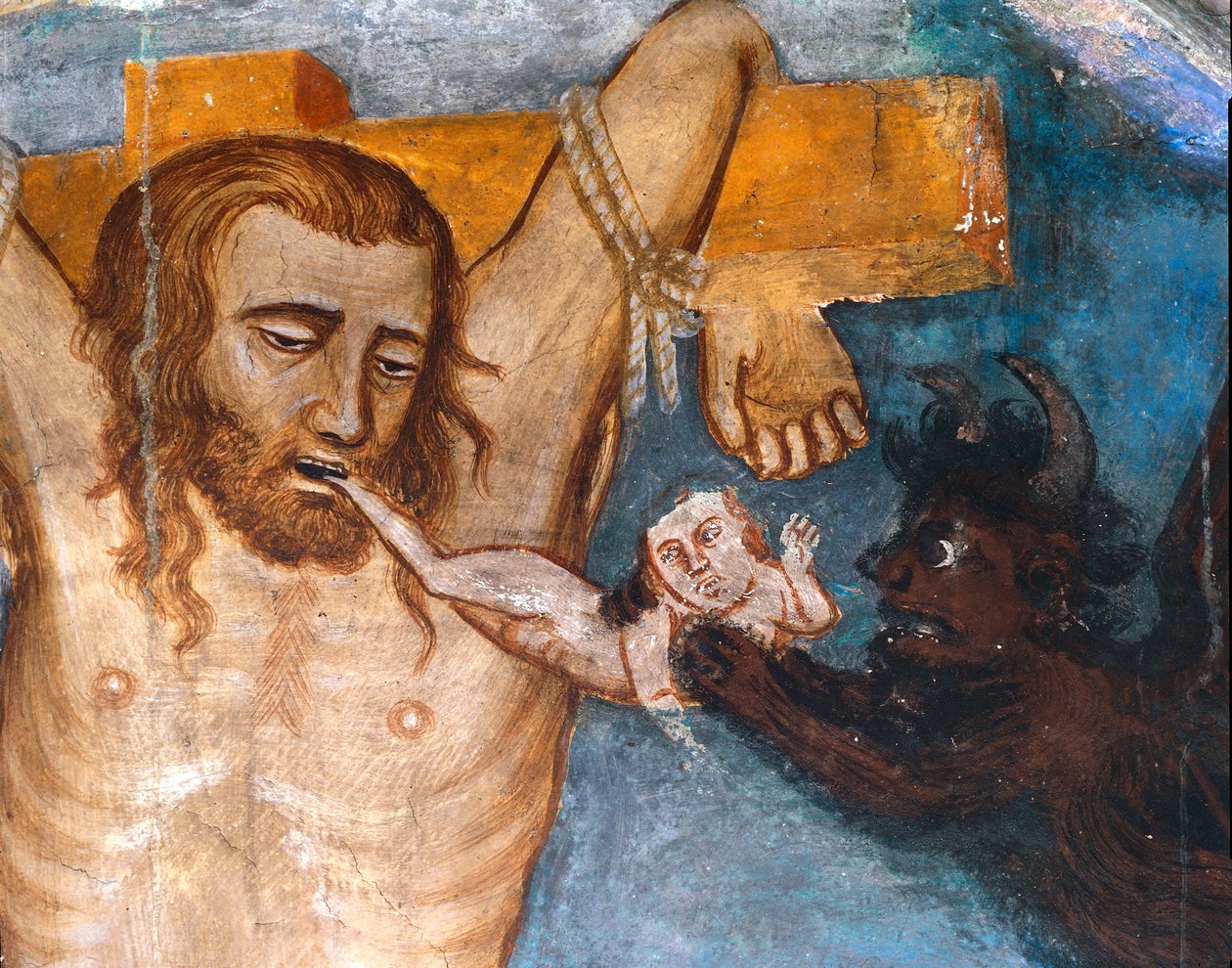 Den uomvendte tyv, korsfæstes med Jesus, hans sjæl bliver revet ud af hans mund af en dæmon Repræsentation af den onde tyv kalder Gesmas eller Gestas. Fresco af mesteren af Sacro Speco. 14. århundrede. Superior Kirke. Klosteret Saint Benedetto (Sacro Spec af Master Trecentesco of Sacro Speco School