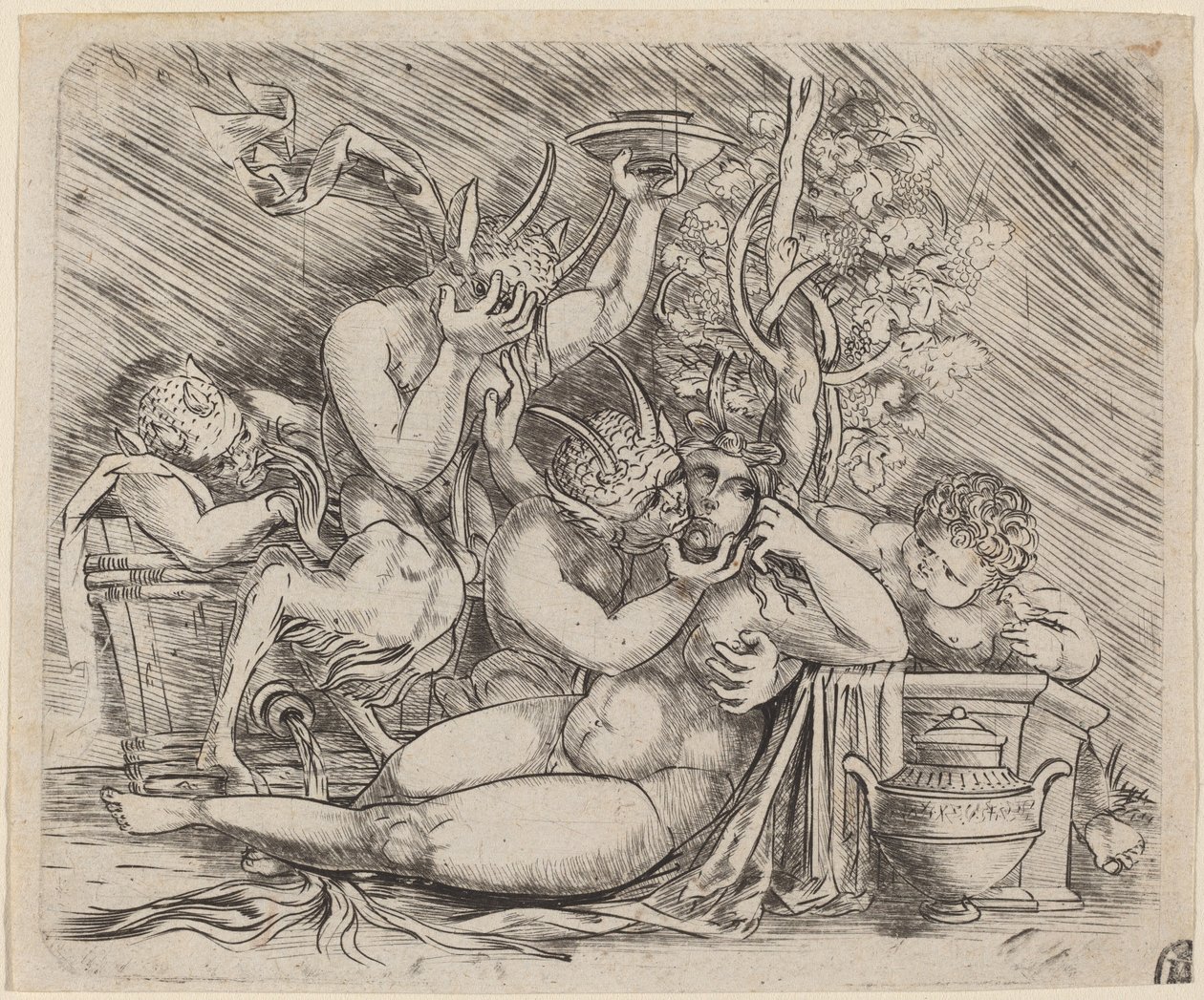 Bacchanalsk Scene med Satyrer og en Maenad af Master of 1515