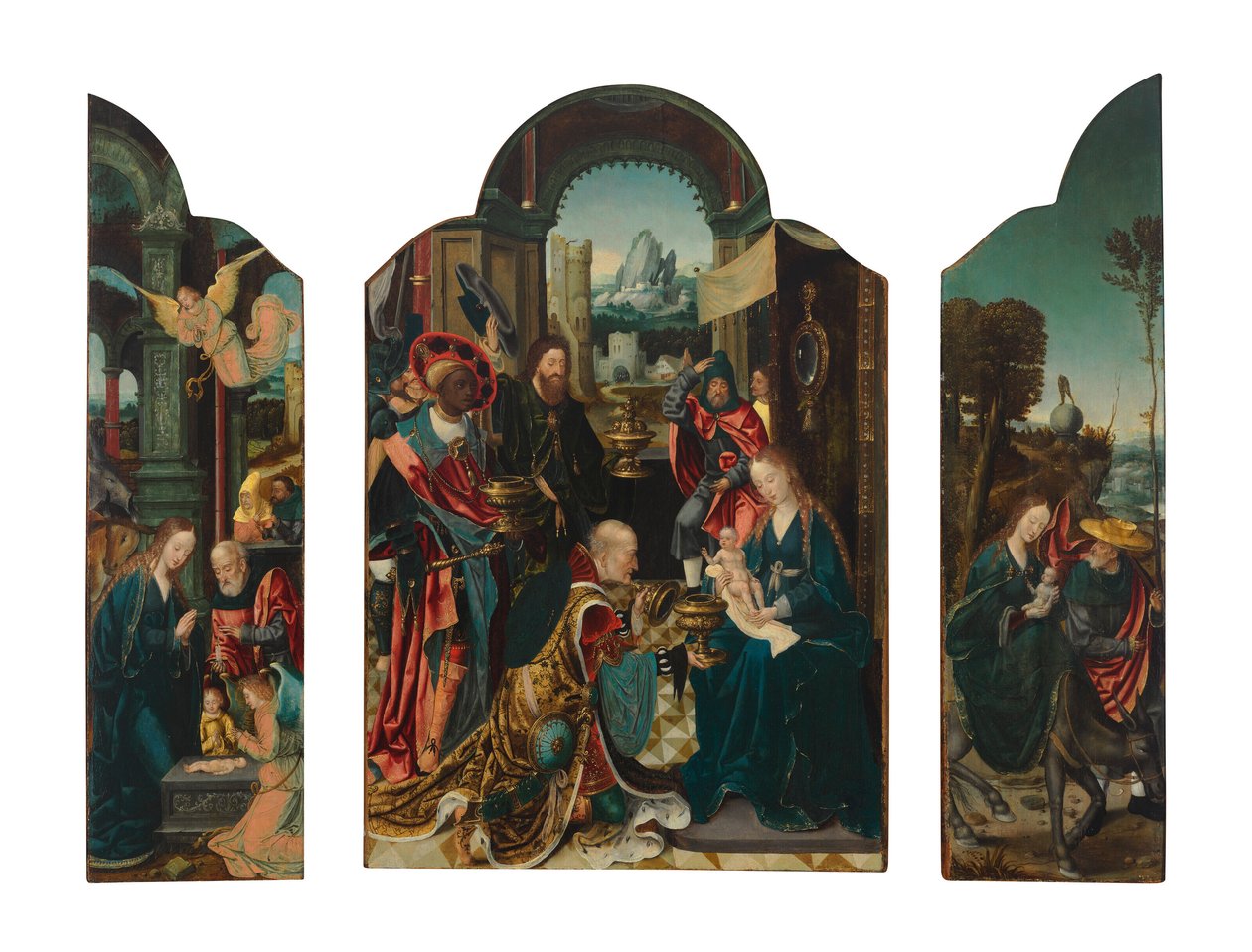 Et triptykon: det centrale panel: De hellige tre kongers tilbedelse; venstre fløj: Fødslen; den højre fløj: Flugten til Egypten af Master of 1518