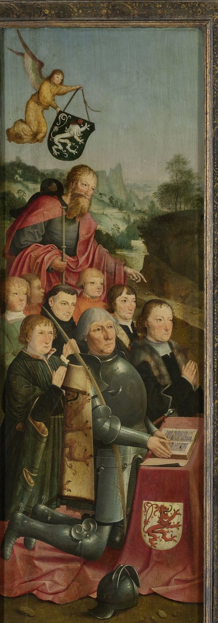 Mindepanel med otte mandlige portrætter, sandsynligvis Willem Jelysz van Soutelande og familie, med Saint James the Greater og Van Soutelande Family Crest, indre venstre fløj af en altertavle af Master of Alkmaar