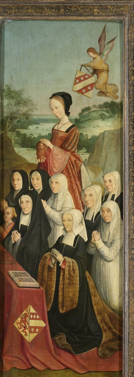 Mindepanel med ni kvindeportrætter, sandsynligvis Kathrijn Willemsdr van der Graft og familie, med Saint Mary Magdalene og Van Soutelande familien og Van der Graft-Van Soutelande Crests, indre højre fløj af en altertavle af Master of Alkmaar