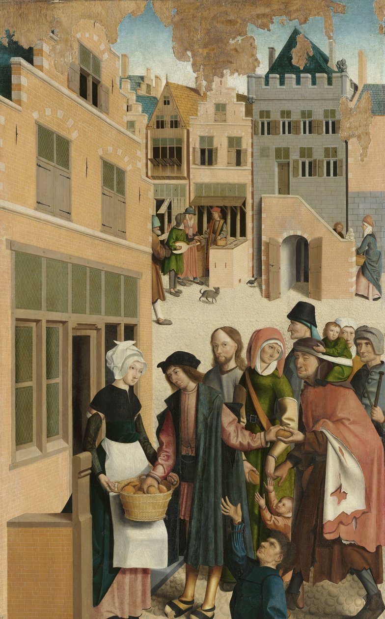 De syv barmhjertighedsværker Panel af en polyptykon med de syv velgørenhedsværker: at fodre de sultne af Master of Alkmaar