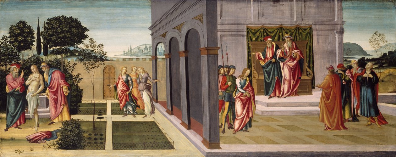 Susanna og de ældste i haven, og retssagen mod Susanna for de ældste, ca. 1500 af Master of Apollo and Daphne