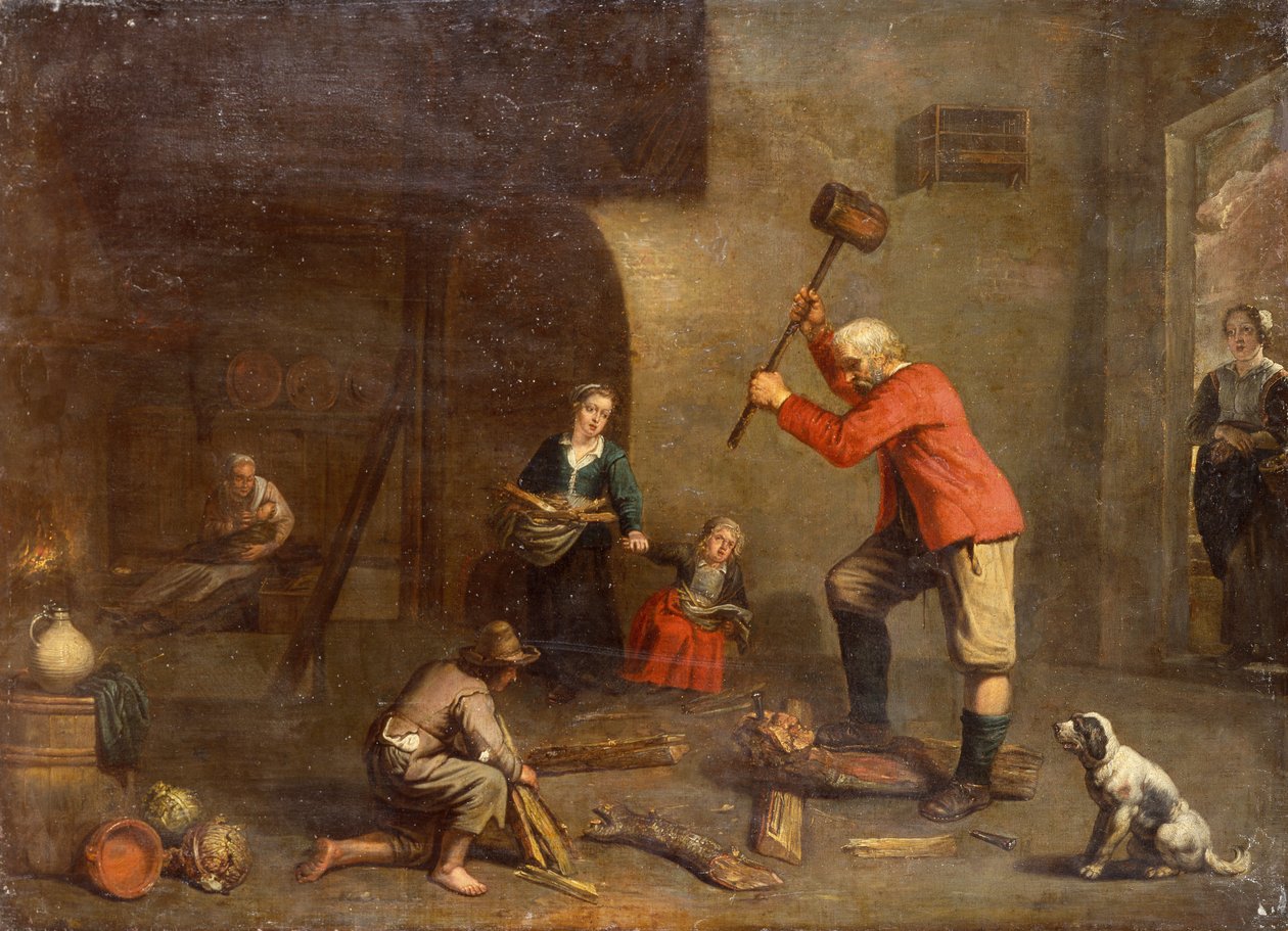 Et køkken med en gammel mand, der skærer træ (olie på lærred) af Master of Beguins