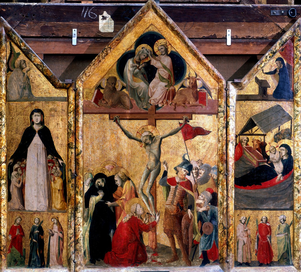 Triptykon med korsfæstelsen som midterpanel, c1333 af Master of Bologna