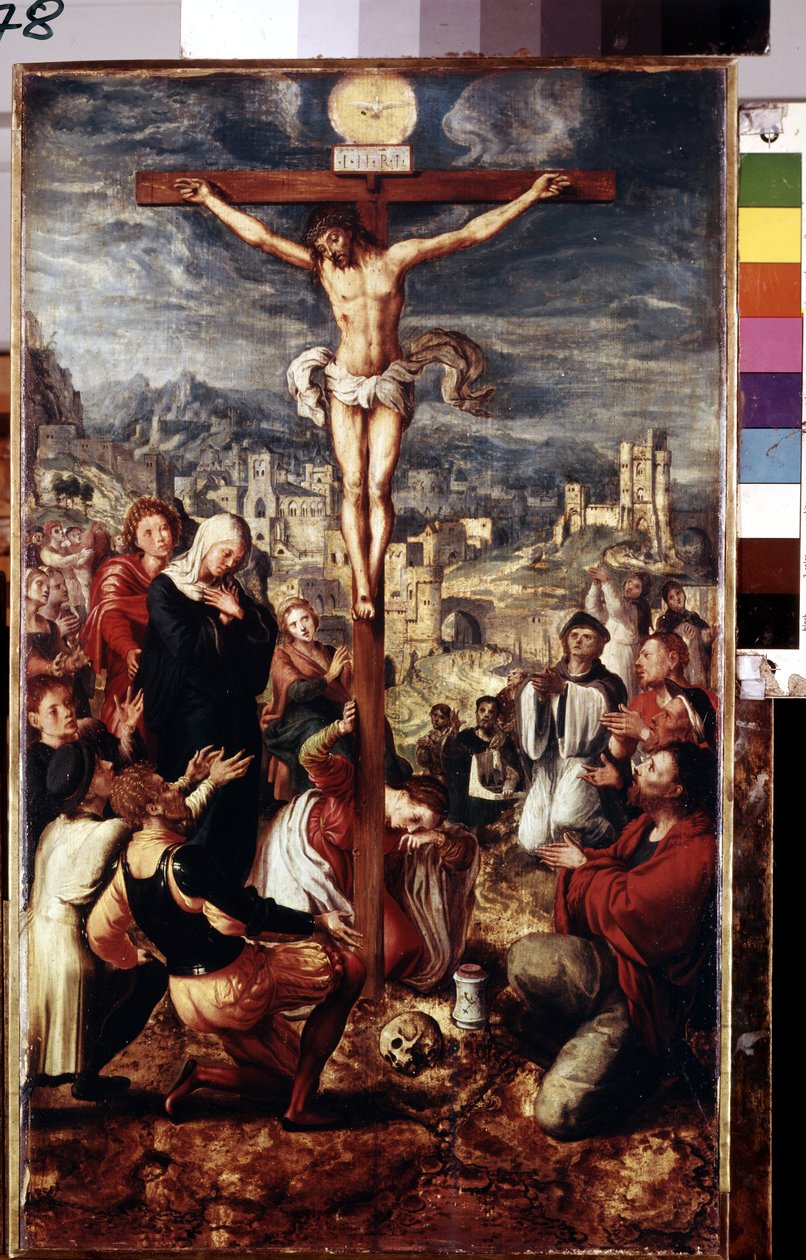 Golgata (Golgata). Bøn omkring den korsfæstede Kristus med byen Jerusalem i baggrunden. Indskriften ""I.N.R.I."" (INRI) på korset og over Helligåndens due. Blandt karaktererne repræsenteret omkring Jesus Kristus: Jomfru Maria, helgen af Master of Brunswick