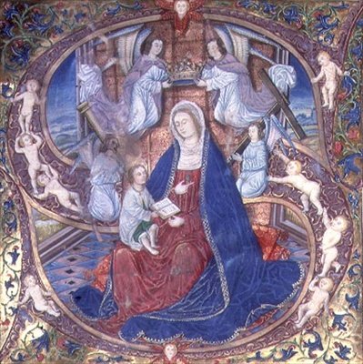 Jomfruen og barnet omgivet af engle (vellum) af Master of Burgo de Osma