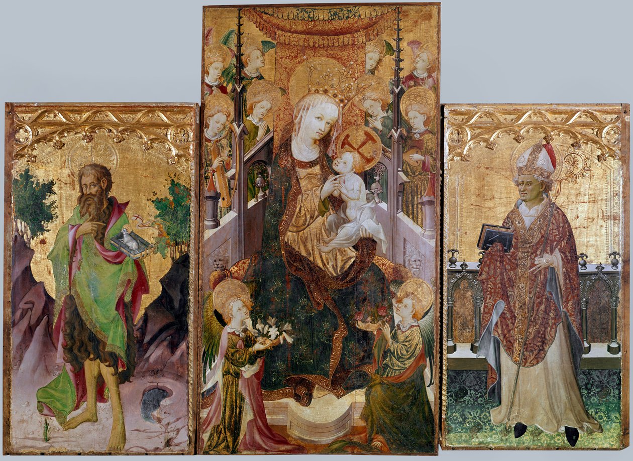 Jomfru med barn, Johannes Døberen og Sankt Ambrosius - Altertavle med tre paneler, omkring 1430 af Master of Burgo de Osma