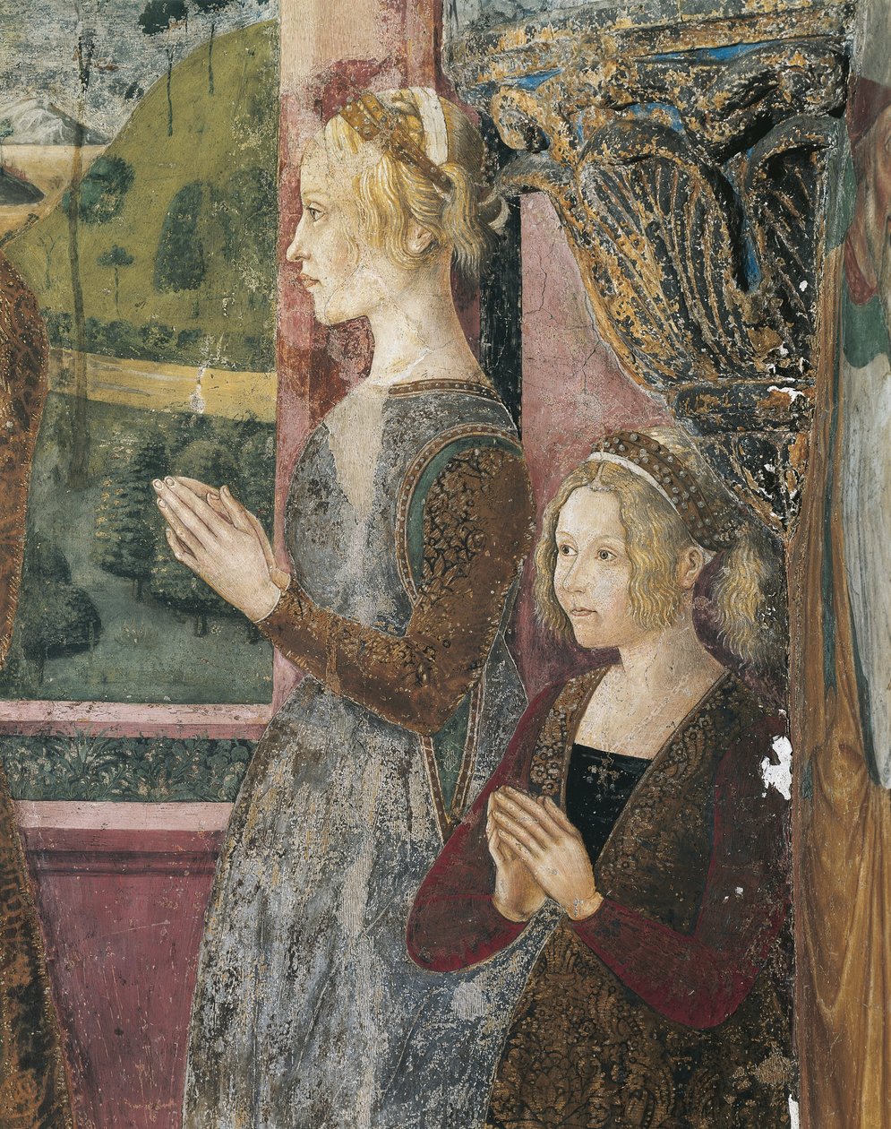Italien, Piemonte-regionen, Alessandria-provinsen, Serralunga di Crea, Sacro Monte di Crea, Sanctuary of Santa Maria Assunta, St. Margaret-kapellet af Antiochia, Fresco forestillende Paleologo og Bernarda di Bosse af Master of Crea