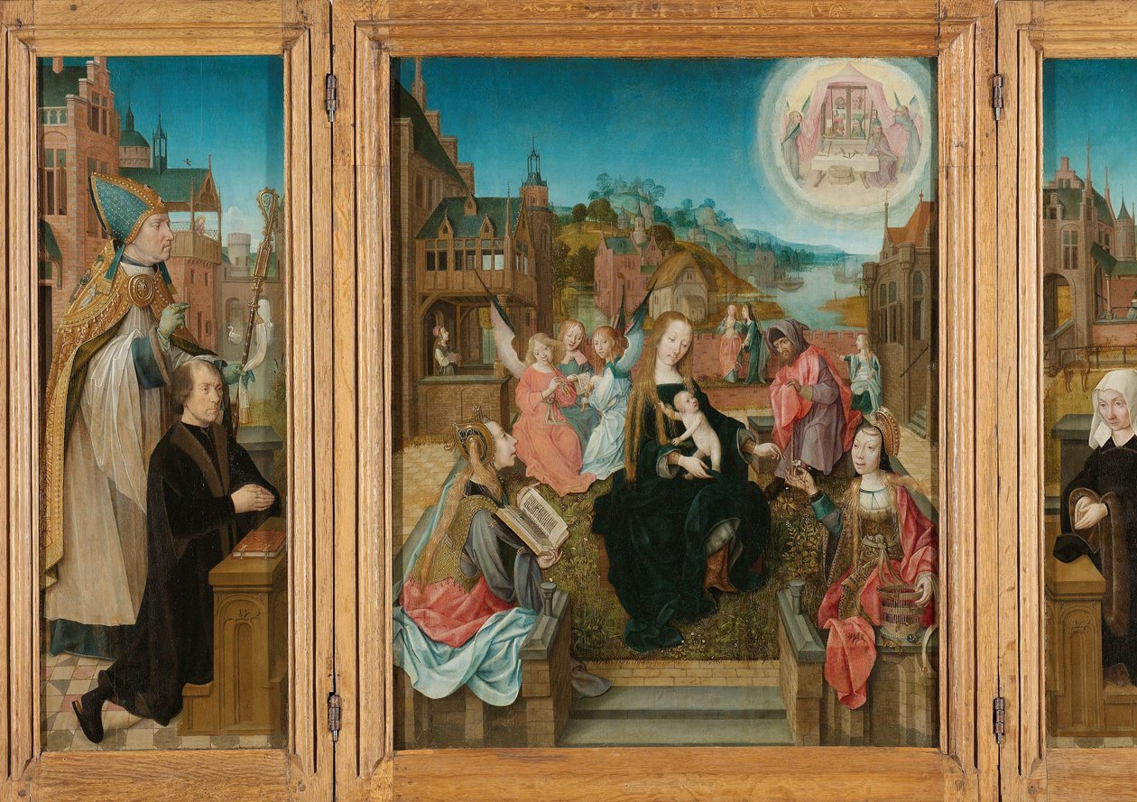 Triptykon med jomfru og barn med hellige (i midten), mandlig donor med Saint Martin (venstre, indre vinge), kvindelig donor med Saint Cunera (højre, indre vinge) og bebudelsen (ydre vinger) af Master of Delft