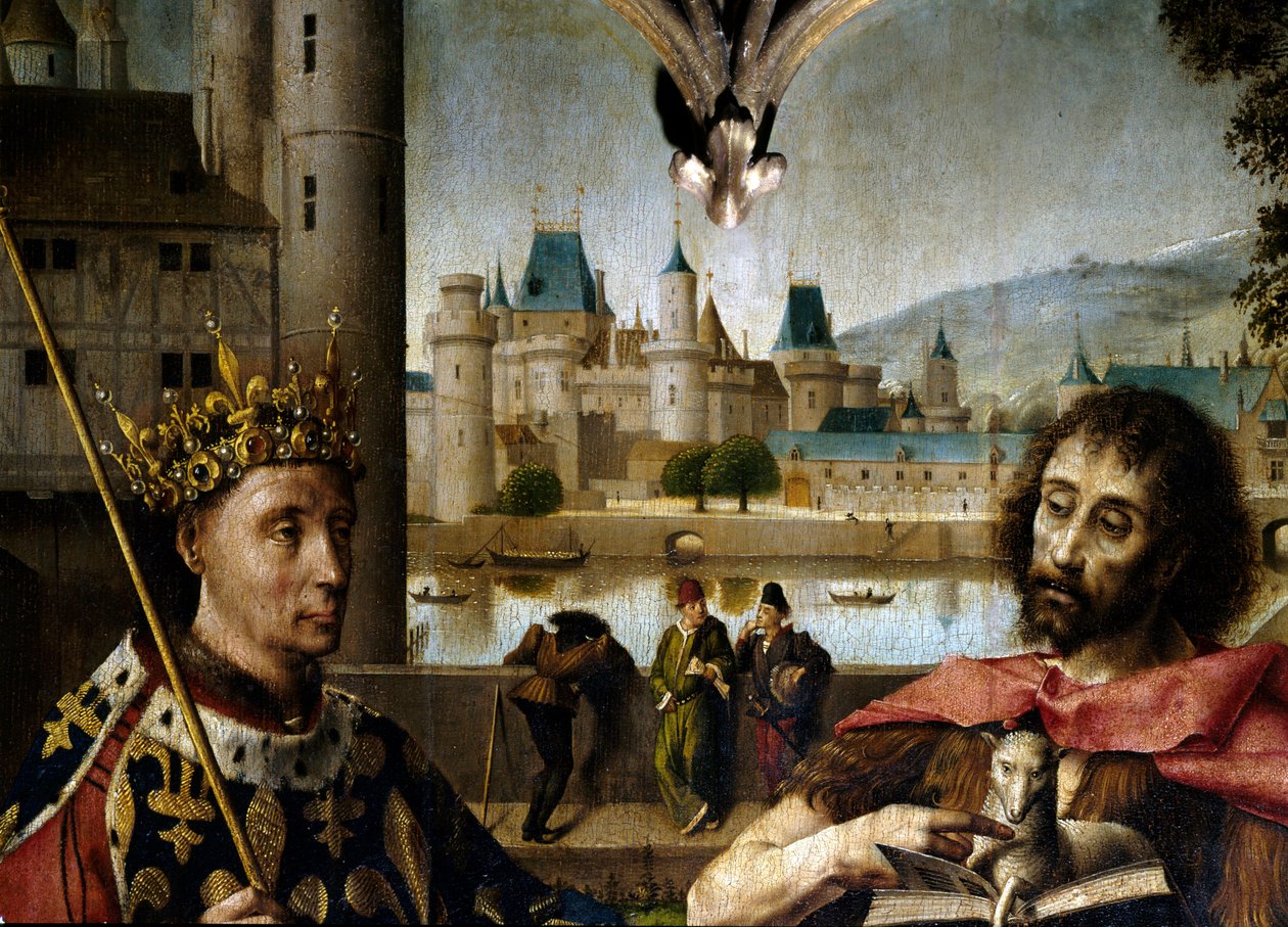 Korsfæstelse Kristus på korset omgivet af Johannes Døberen, Saint Denis, Charles I den Store (Karl den Store), Ludvig IX (Saint Louis), Sainte Madeleine, Sainte Marthe - Detalje, der repræsenterer Saint Louis og Saint John the Baptist - Altertavle af P af Master of Dreux Bude (active c.1425 d.1450)