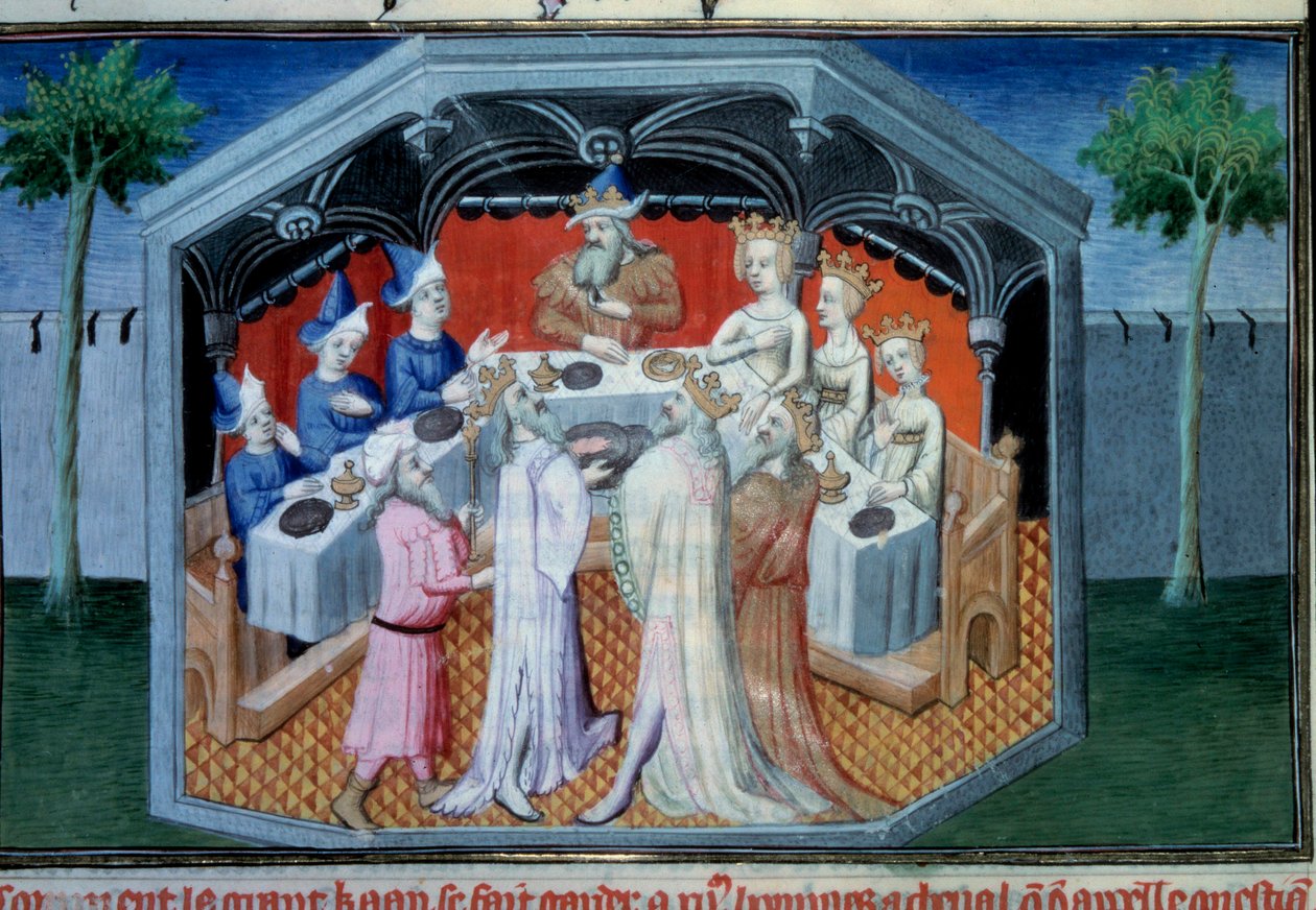 Brødrene Nicolo og Matteo Polo, far og onkel til den unge Marco Polo (1254-1324) blev modtaget i hoffet til Qubilai (Kubilai Khan, første kejser af det mongolske Yuan-dynasti (1215-1294), mongolsk kejser i 1271). Miniature taget fra "" The af Master of Egerton